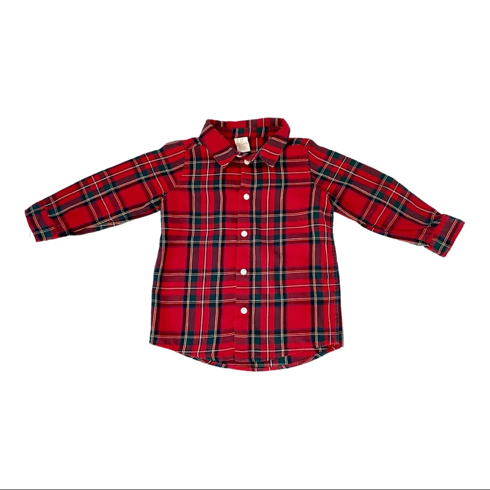H&M Toddler Boy Red & Green Plaid Shirt Christmas Button Up, Size 2T